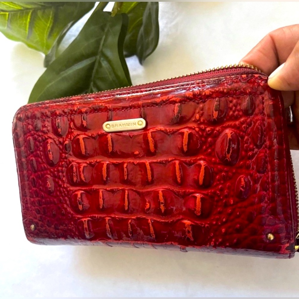 Brahmin- Melbourne Collection Suri Crocodile-Embossed Wallet in Red / Fuschia